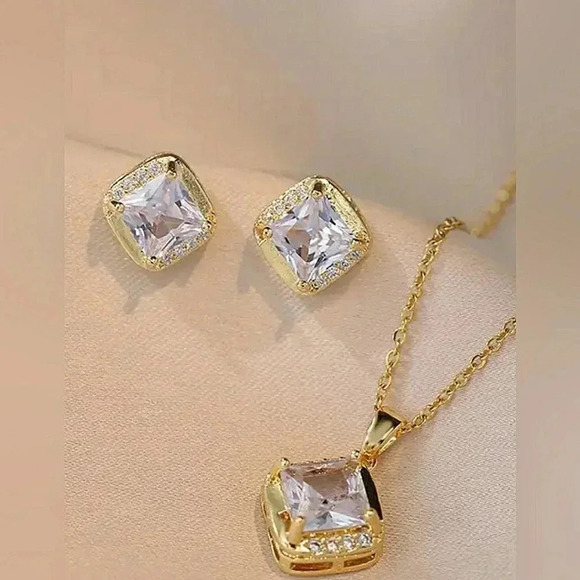 Earrings Necklace Set Square Cubic Zirconia Chic Minimalist Modern Holiday Gift - Picture 1 of 6